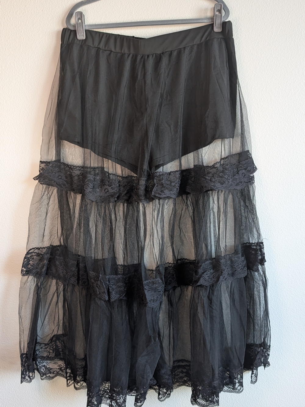 SHEIN Black Sheer Lace-Tiered Maxi Skirt